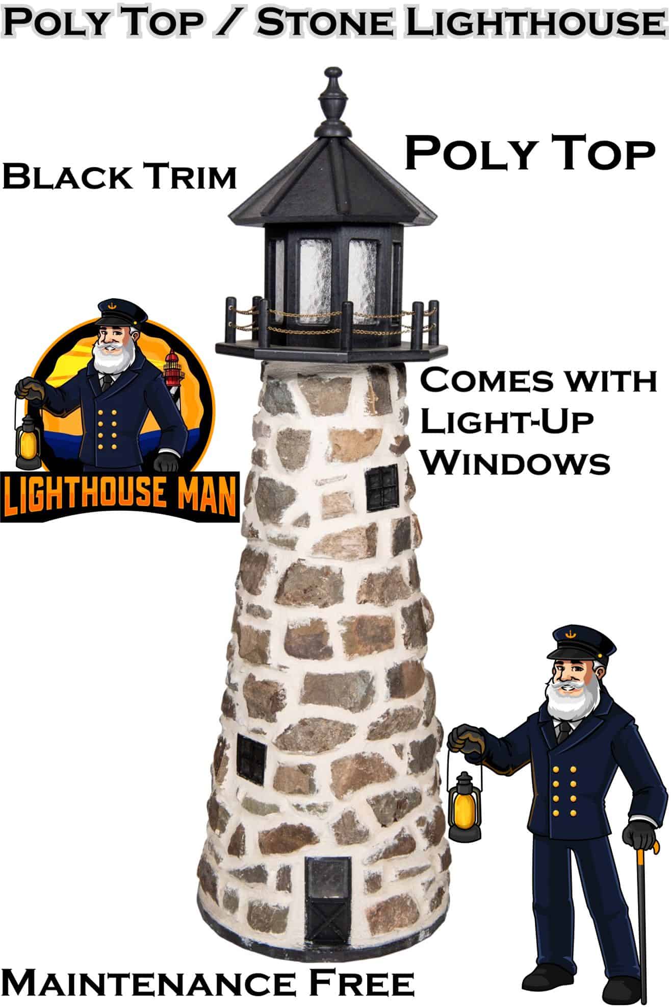 Stone Lighthouse with Poly Black Top 