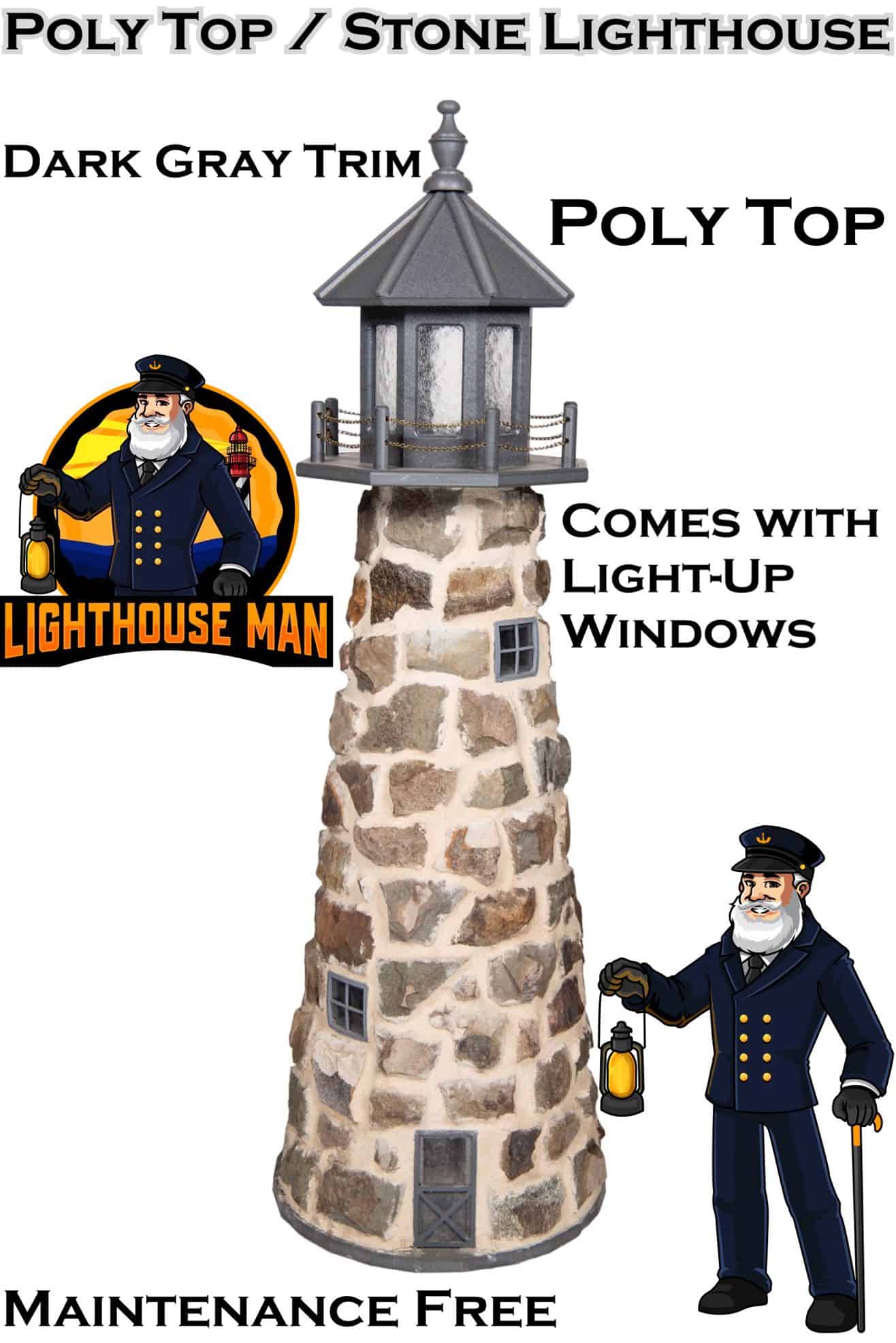Stone Lighthouse with Poly Dark Gray Top 