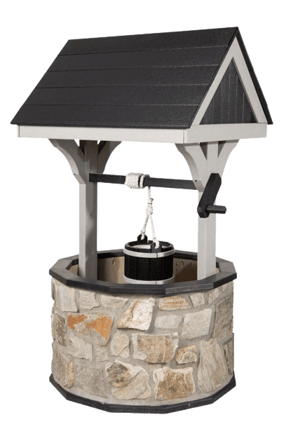 Light Gray with Black Trim Stone Base Wishing Well of Garden Decor Light Gray with Black Trim Stone Base Wishing Well of Garden Decor