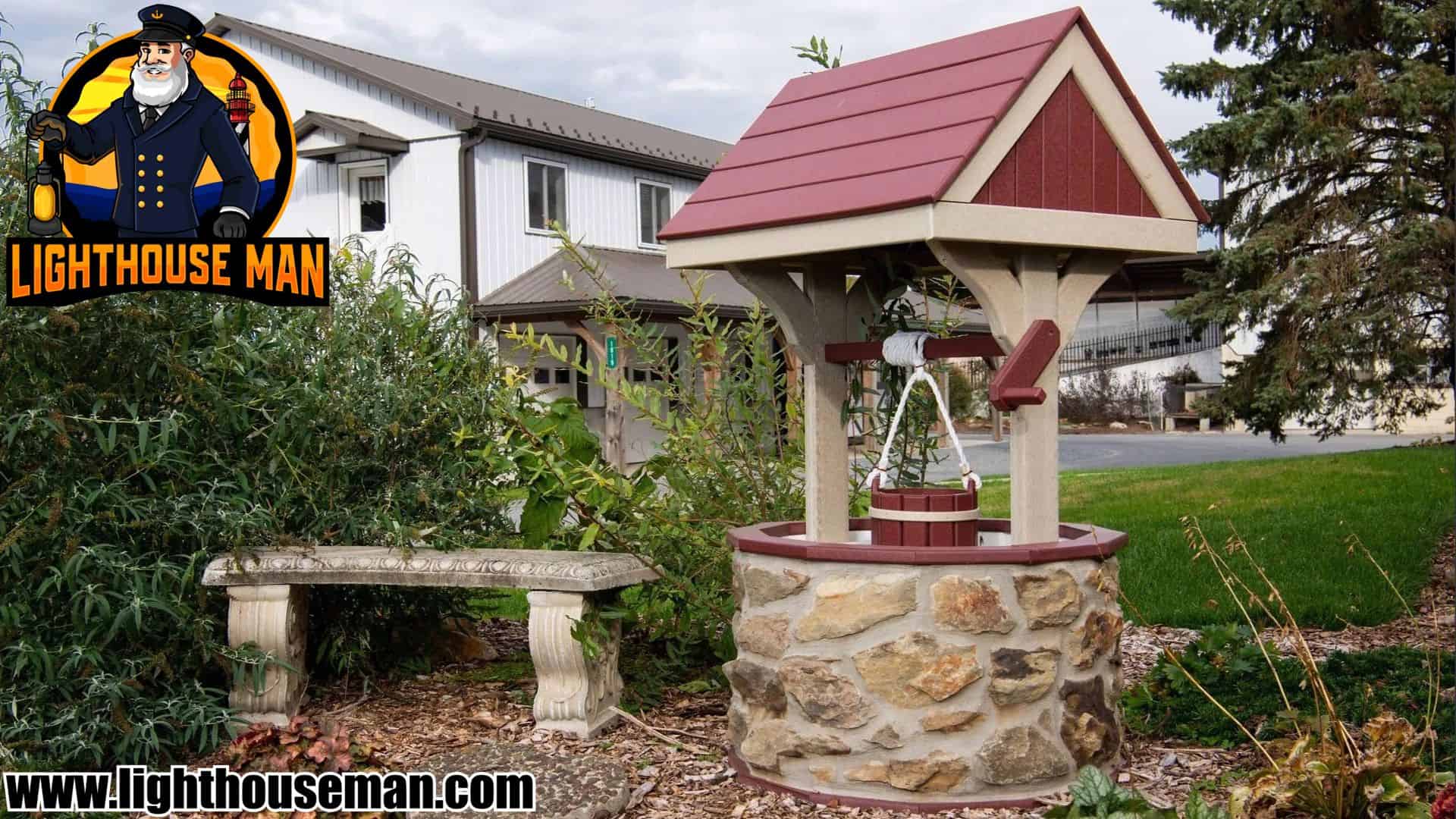 Large Stone Base Wishing Well Birchwood and Cherrywood In Garden