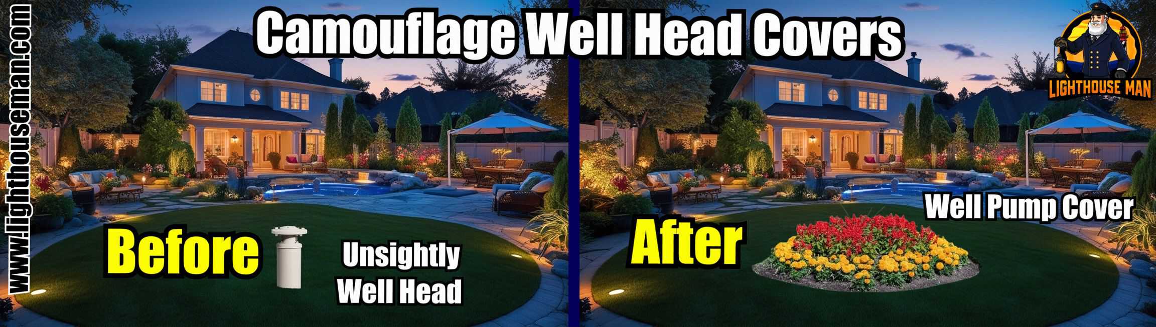 Before and After Camouflage Well Head Cover Camouflage to Conceal Home Utilities