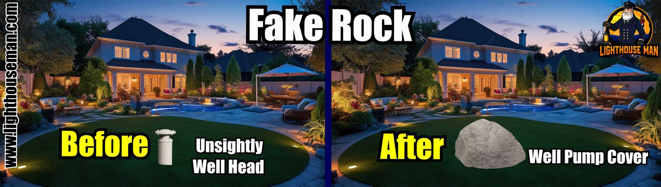 Before and After Fake Rock Well Pump Cover Fake Rock to conceal Unsightly Utilities